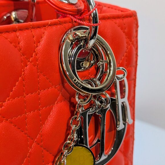 Dior Lady Dior Bright Red-Orange Quilted Lambskin and Charm - Picture 3 of 16